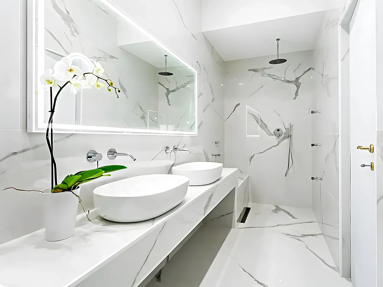 Baño con mármol y doble lavabo en una villa de El Limonar, Málaga